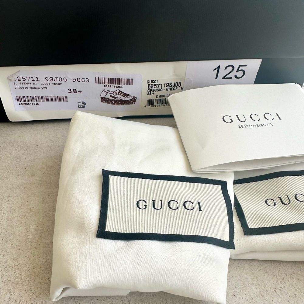 Gucci Cream Canvas Logo Lace-Up Platform Espadrilles Sz 38.5 Collapsible Heels - Picture 9 of 10